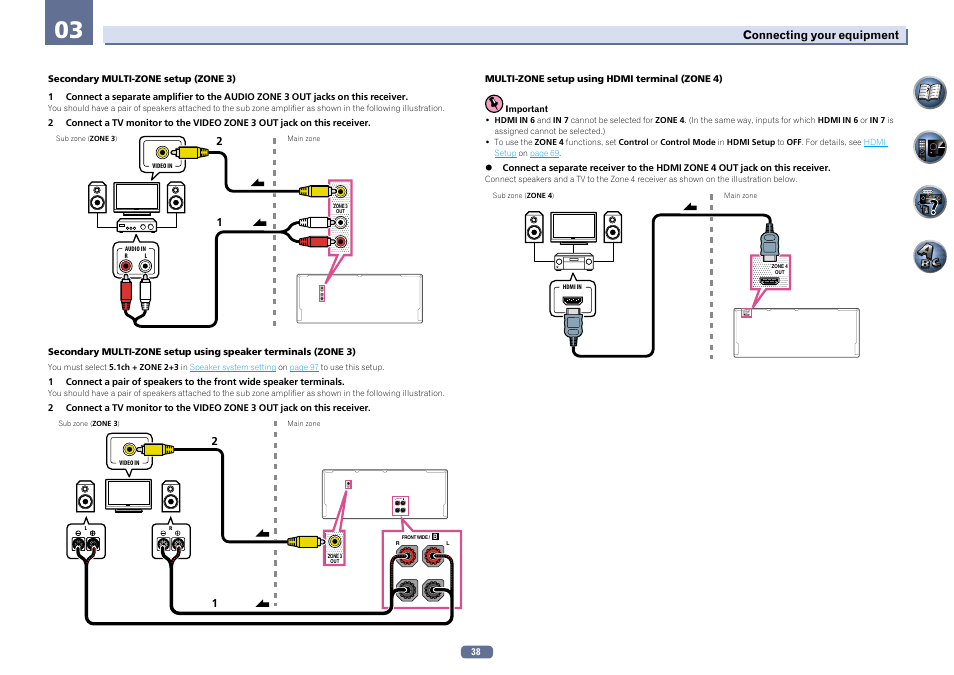 Zone 3 out, Front wide / b r l zone 3 out, Zone 4 out | Pioneer SC-LX76-K User Manual | Page 38 / 133