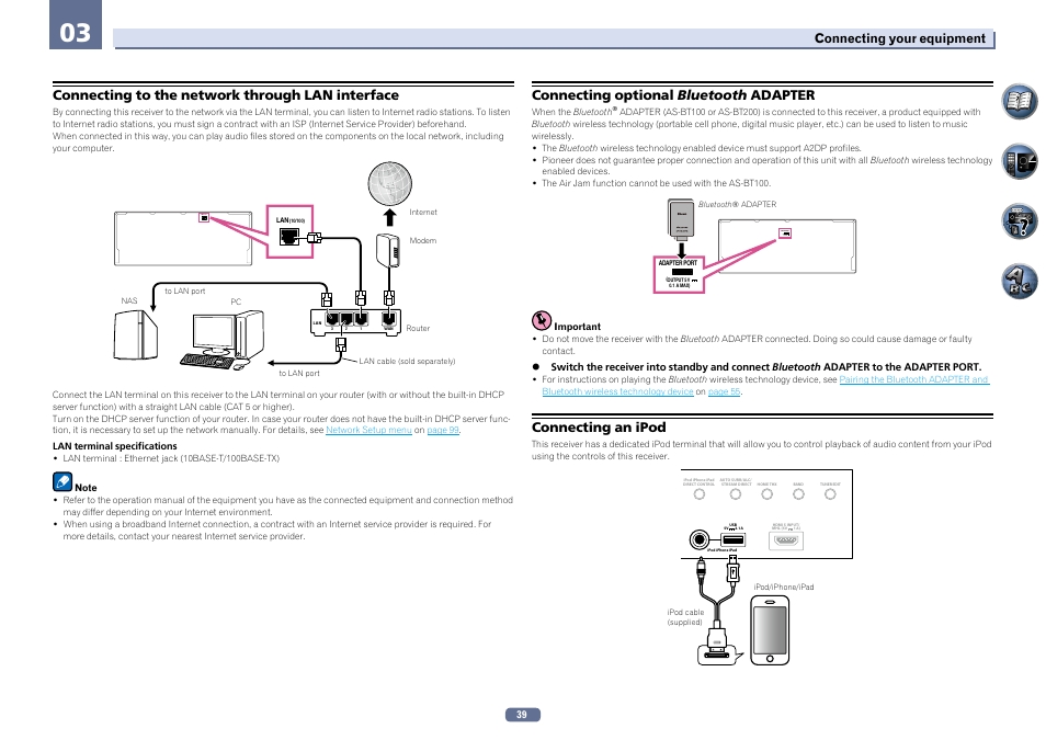 Output 5 v 0.1 a max) adapter port, Connecting to the network through lan interface, Connecting optional bluetooth adapter | Connecting an ipod, Connecting your equipment | Pioneer SC-LX76-K User Manual | Page 39 / 133