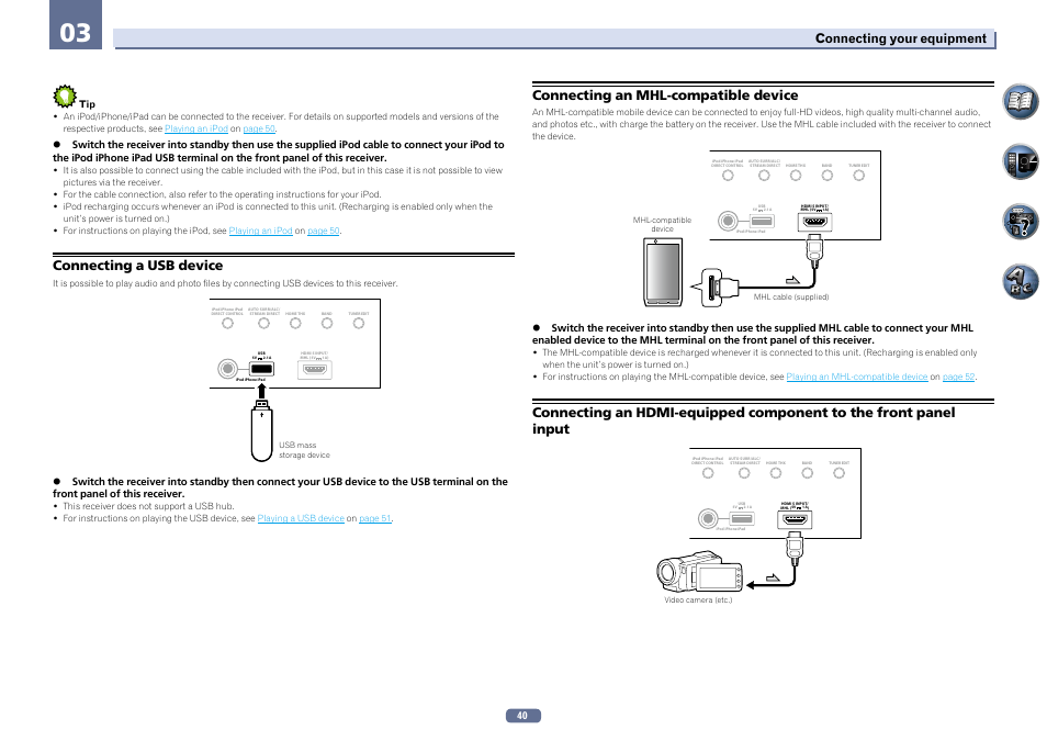 Connecting a usb device, Connecting an mhl-compatible device, Connecting your equipment | Pioneer SC-LX76-K User Manual | Page 40 / 133