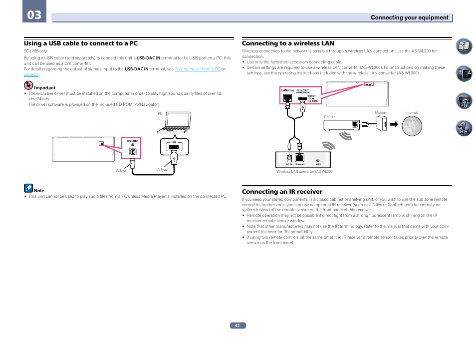 Usb-dac in, Using a usb cable to connect to a pc, Connecting to a wireless lan | Connecting an ir receiver | Pioneer SC-LX76-K User Manual | Page 41 / 133