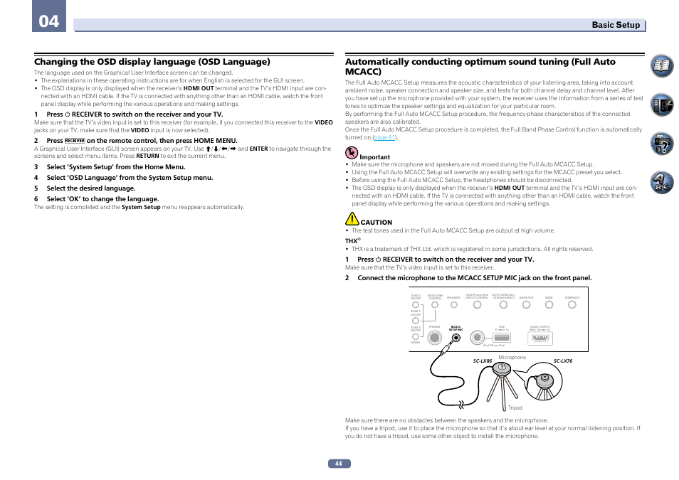 Changing the osd display language (osd language), Basic setup | Pioneer SC-LX76-K User Manual | Page 44 / 133