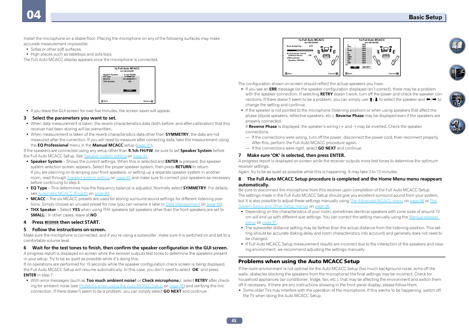 Basic setup, Problems when using the auto mcacc setup | Pioneer SC-LX76-K User Manual | Page 45 / 133
