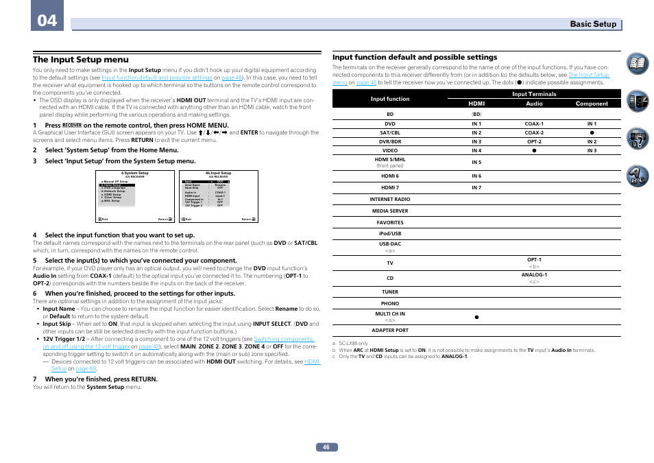 The input setup menu, Basic setup, Input function default and possible settings | Pioneer SC-LX76-K User Manual | Page 46 / 133