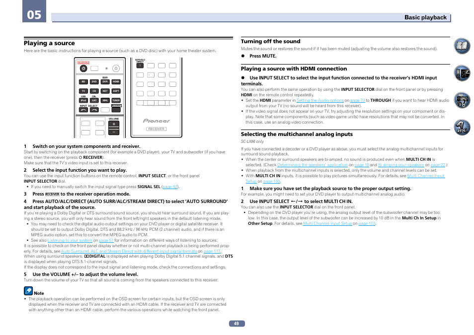 Playing a source, Basic playback | Pioneer SC-LX76-K User Manual | Page 49 / 133