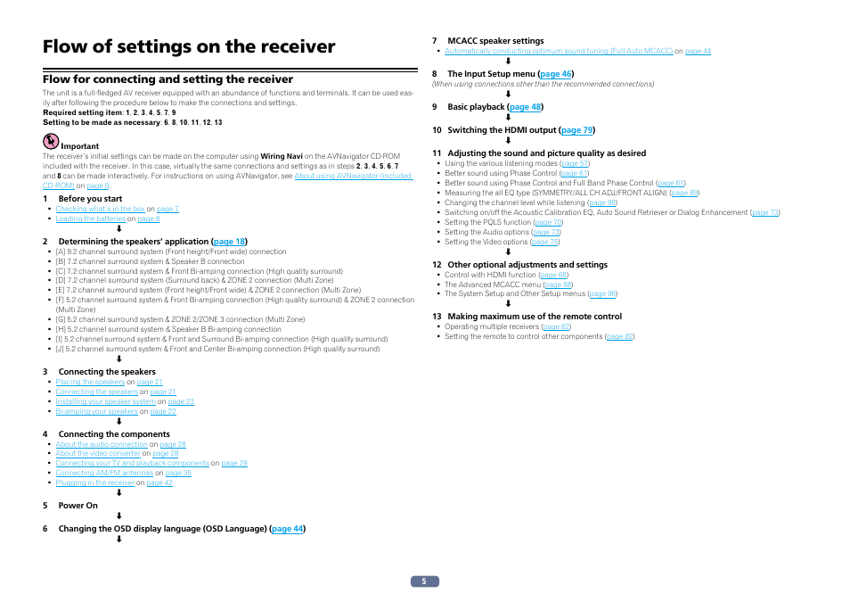 Flow of settings on the receiver, Flow for connecting and setting the receiver | Pioneer SC-LX76-K User Manual | Page 5 / 133