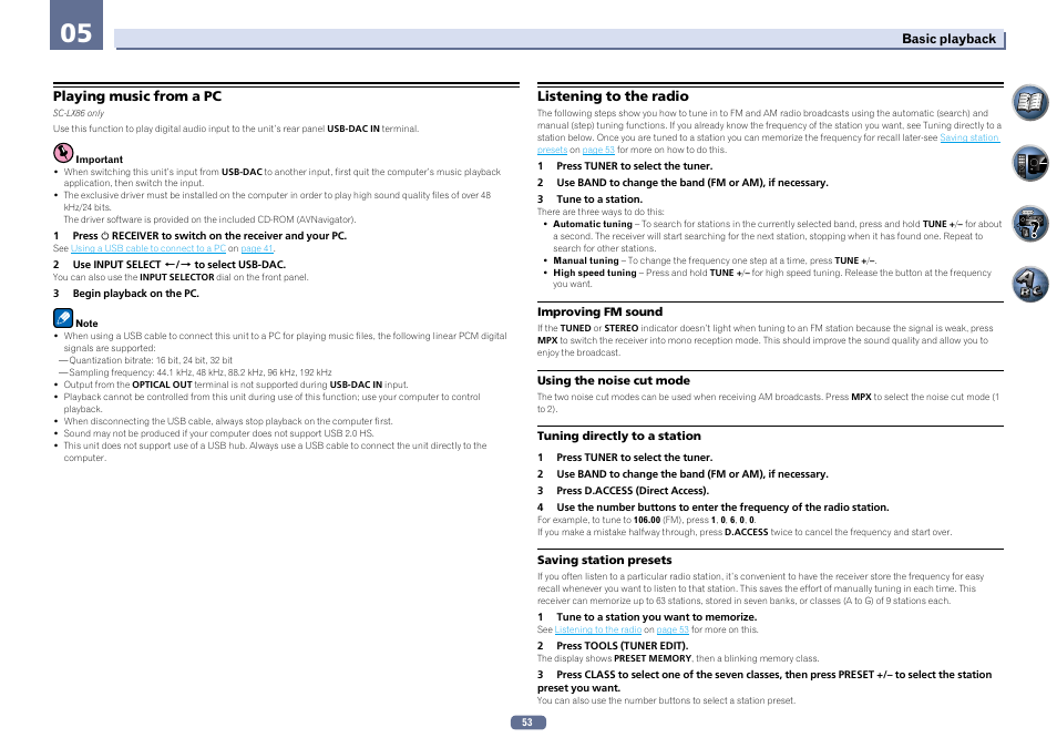 Playing music from a pc listening to the radio | Pioneer SC-LX76-K User Manual | Page 53 / 133