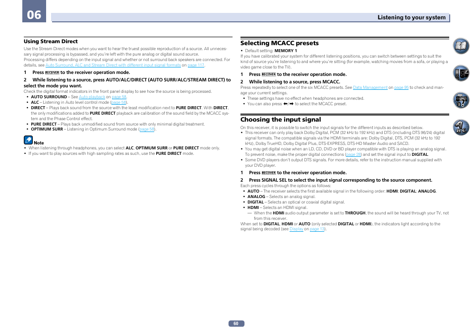 Selecting mcacc presets choosing the input signal | Pioneer SC-LX76-K User Manual | Page 60 / 133