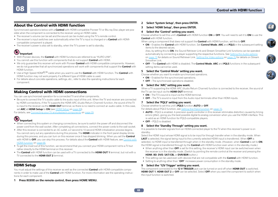 About the control with hdmi function, Making control with hdmi connections, Hdmi setup | Pioneer SC-LX76-K User Manual | Page 69 / 133