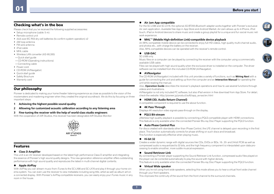 Checking what’s in the box our philosophy features | Pioneer SC-LX76-K User Manual | Page 7 / 133