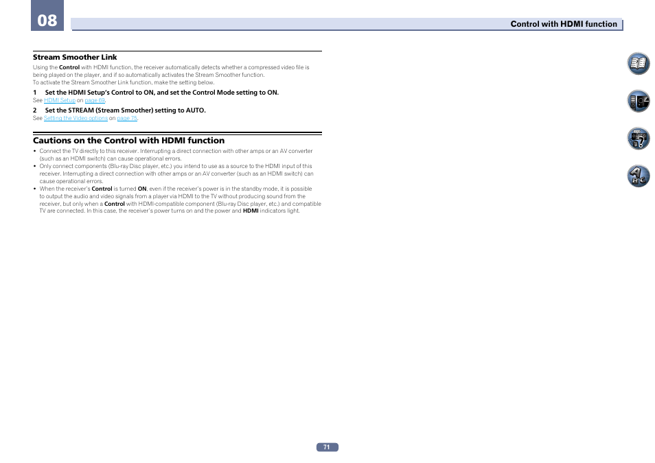 Cautions on the control with hdmi function | Pioneer SC-LX76-K User Manual | Page 71 / 133