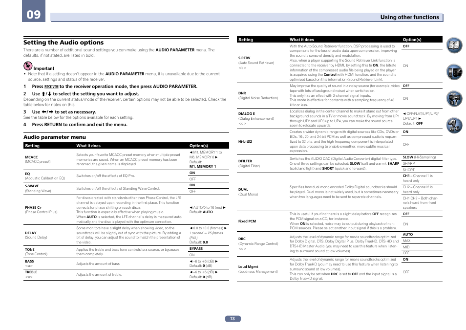 Setting the audio options | Pioneer SC-LX76-K User Manual | Page 73 / 133