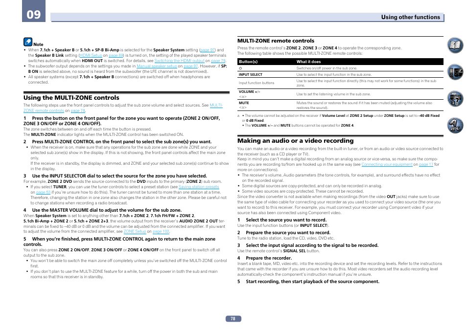 Using the multi-zone controls, Making an audio or a video recording | Pioneer SC-LX76-K User Manual | Page 78 / 133