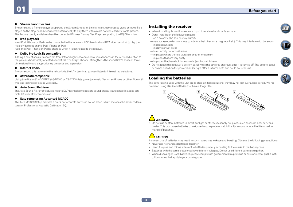 Installing the receiver loading the batteries | Pioneer SC-LX76-K User Manual | Page 8 / 133