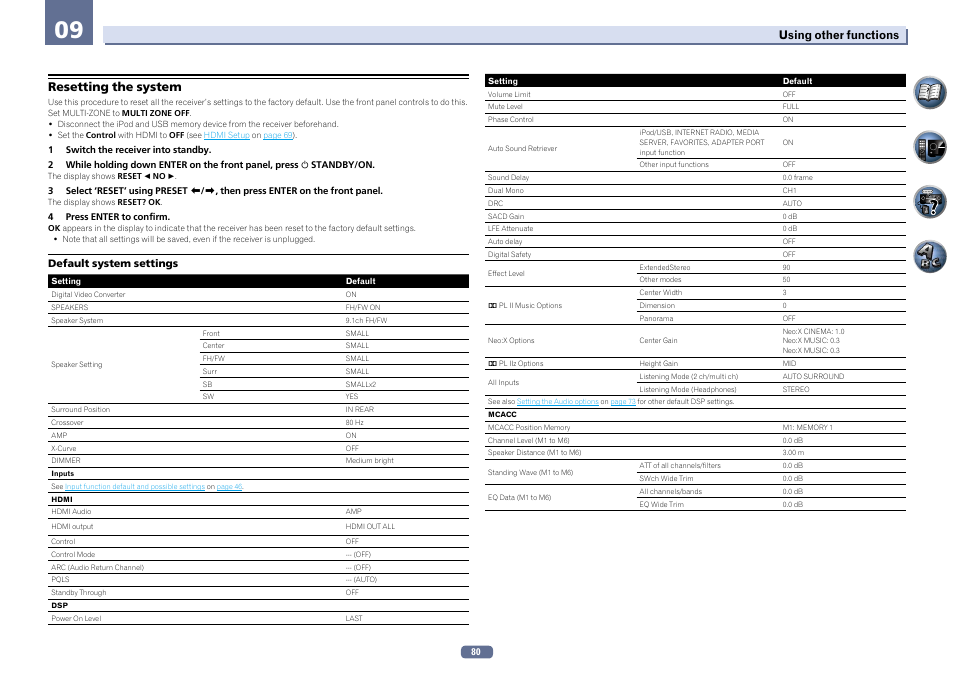 Resetting the system, Using other functions | Pioneer SC-LX76-K User Manual | Page 80 / 133