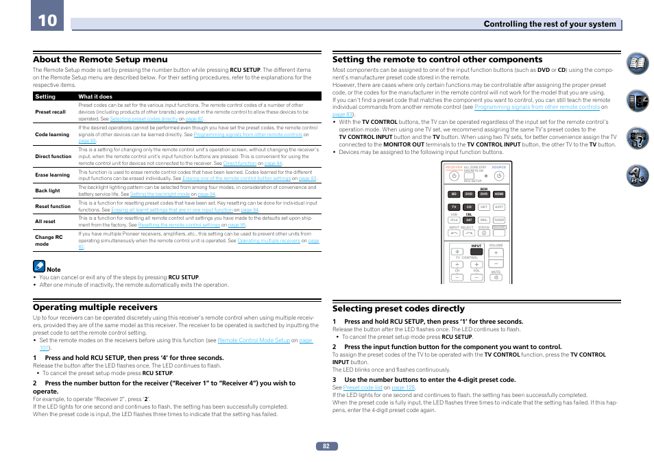 About the remote setup menu, Operating multiple receivers, Setting the remote to control other components | Selecting preset codes directly, Controlling the rest of your system | Pioneer SC-LX76-K User Manual | Page 82 / 133