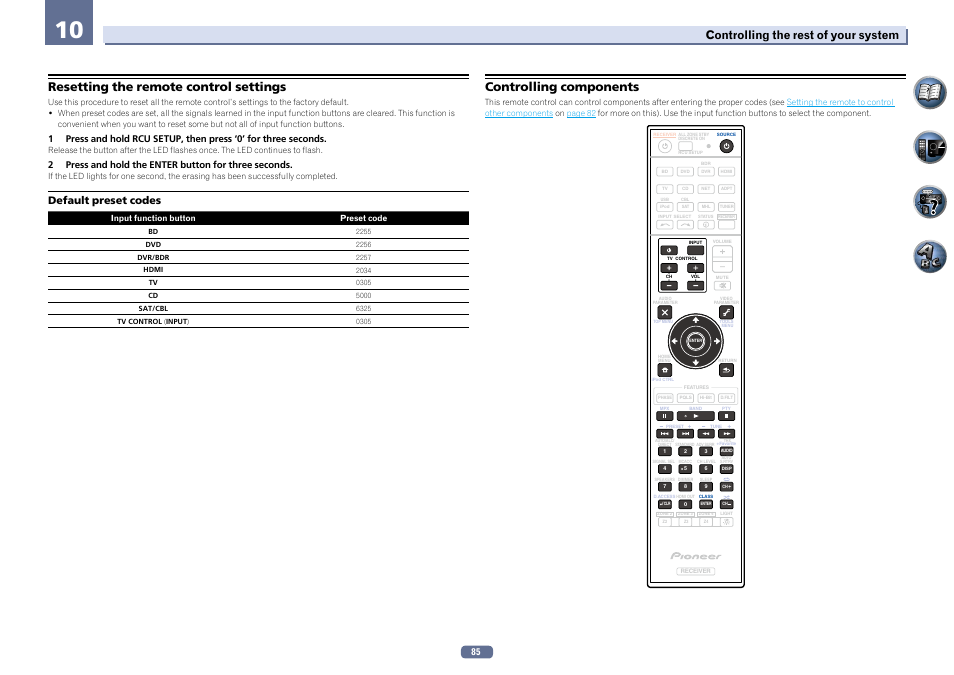 Resetting the remote control settings, Controlling components, Controlling the rest of your system | Default preset codes | Pioneer SC-LX76-K User Manual | Page 85 / 133