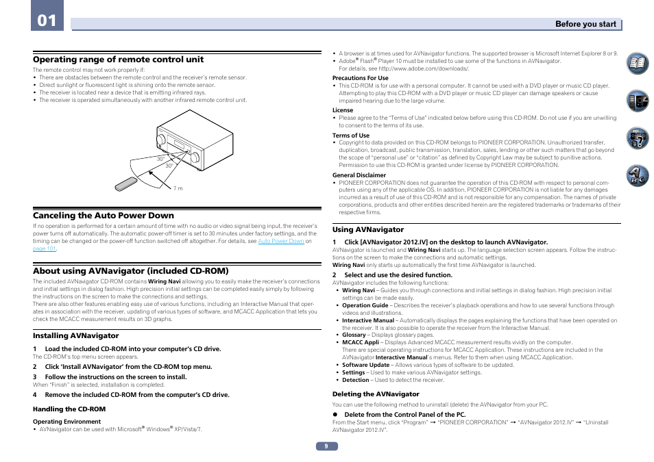 Operating range of remote control unit, Canceling the auto power down, About using avnavigator (included cd-rom) | Pioneer SC-LX76-K User Manual | Page 9 / 133