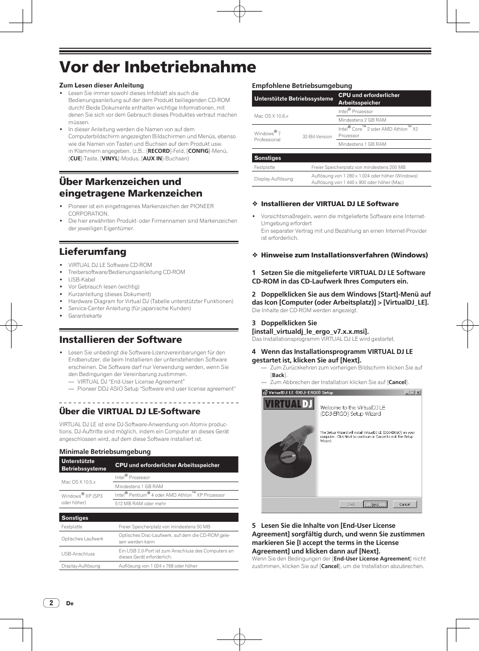 Kurzanleitung, Dj controller, Vor der inbetriebnahme | Über markenzeichen und eingetragene markenzeichen, Lieferumfang, Installieren der software, Über die virtual dj le-software | Pioneer DDJ-ERGO-V User Manual | Page 14 / 64
