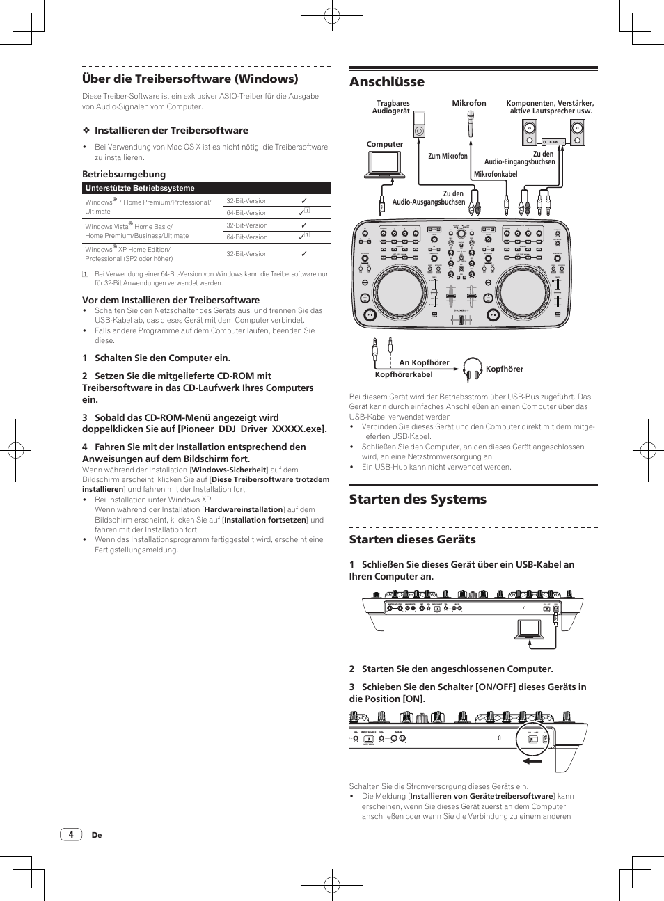 Anschlüsse, Starten des systems, Über die treibersoftware (windows) | Starten dieses geräts, Move grid shift move grid rec, Function tree fld open, Push, Dj controller, Sea rc h, Deck load | Pioneer DDJ-ERGO-V User Manual | Page 16 / 64