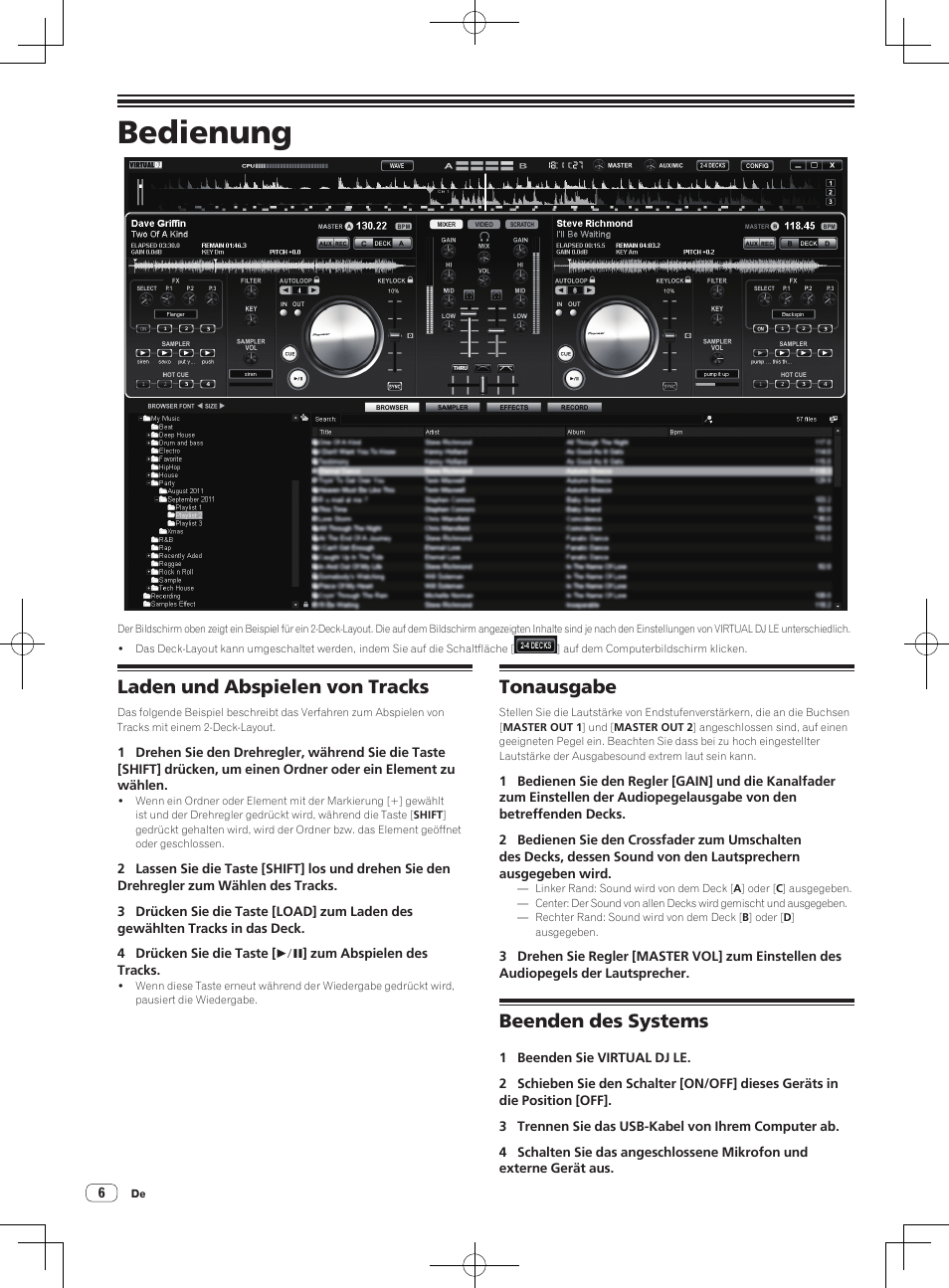 Bedienung, Laden und abspielen von tracks, Tonausgabe | Beenden des systems | Pioneer DDJ-ERGO-V User Manual | Page 18 / 64