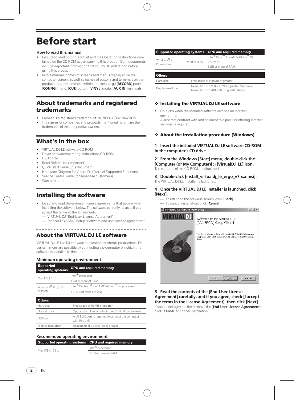 Quick start guide, Dj controller, Before start | About trademarks and registered trademarks, What’s in the box, Installing the software, About the virtual dj le software | Pioneer DDJ-ERGO-V User Manual | Page 2 / 64