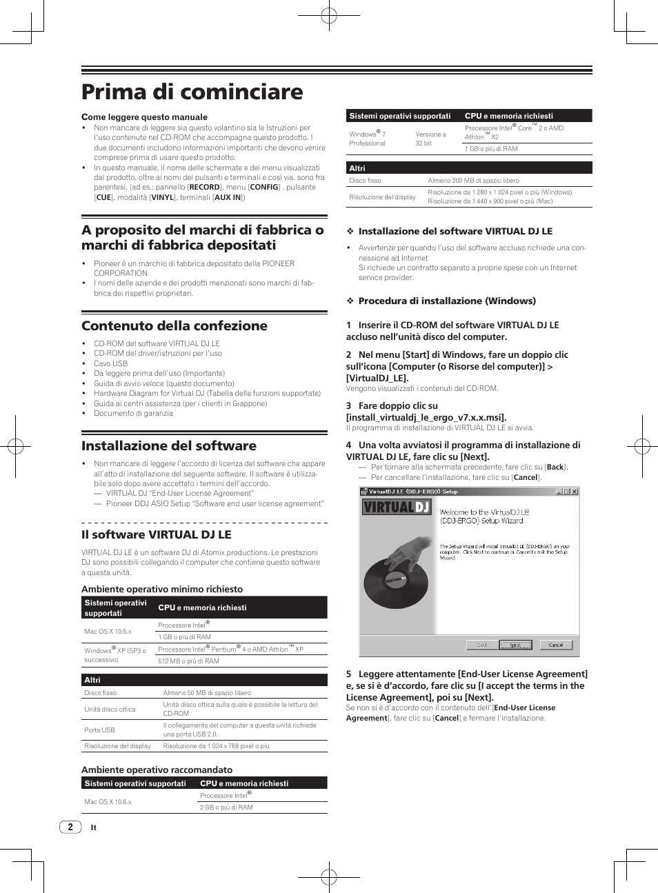 Guida di avvio veloce, Controller dj, Prima di cominciare | Contenuto della confezione, Installazione del software, Il software virtual dj le | Pioneer DDJ-ERGO-V User Manual | Page 20 / 64
