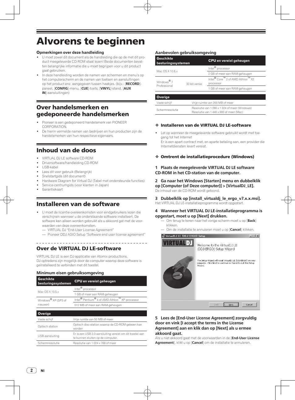 Snelstartgids, Dj controller, Alvorens te beginnen | Over handelsmerken en gedeponeerde handelsmerken, Inhoud van de doos, Installeren van de software, Over de virtual dj le-software | Pioneer DDJ-ERGO-V User Manual | Page 26 / 64