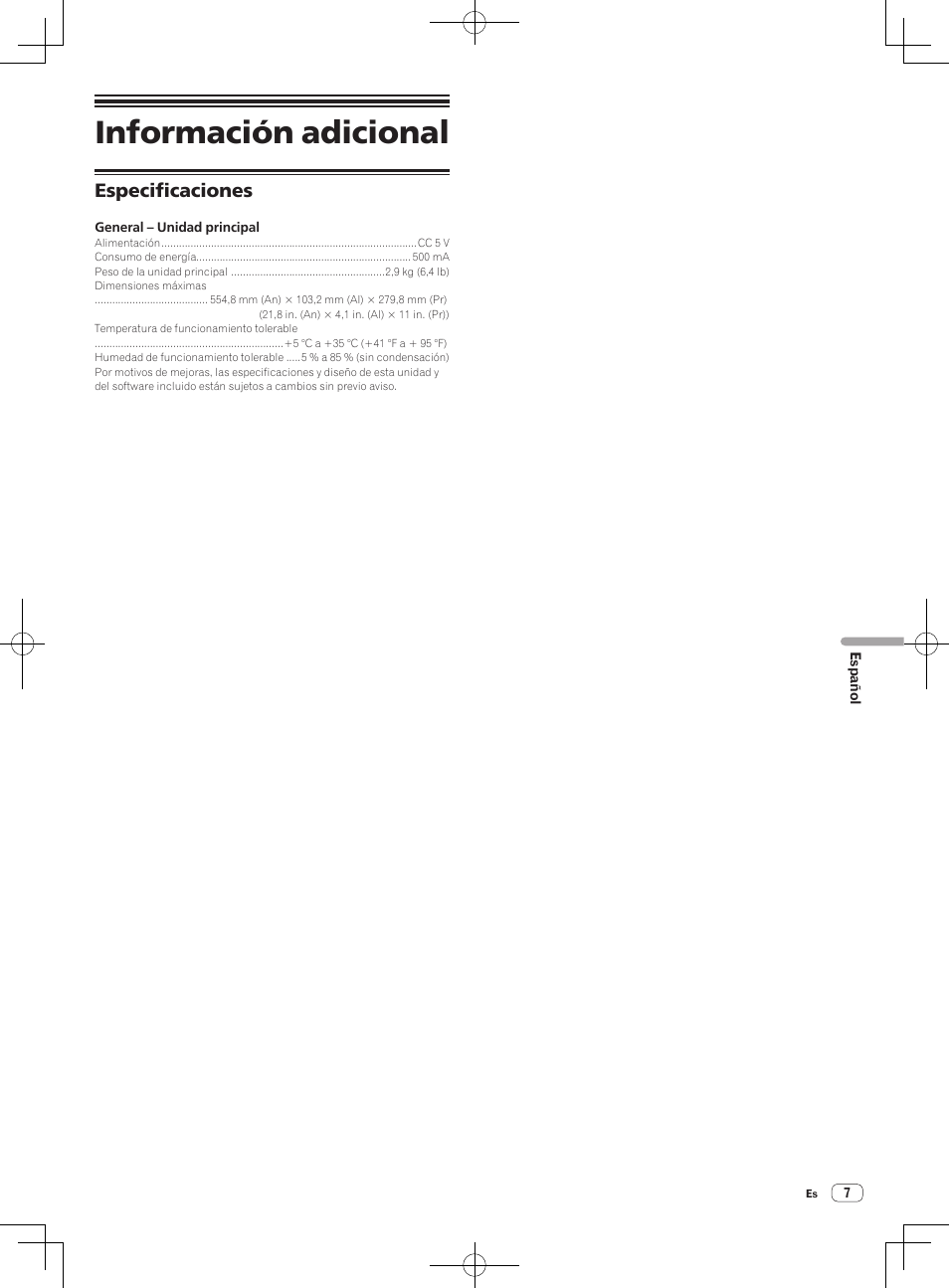 Información adicional, Especificaciones | Pioneer DDJ-ERGO-V User Manual | Page 37 / 64