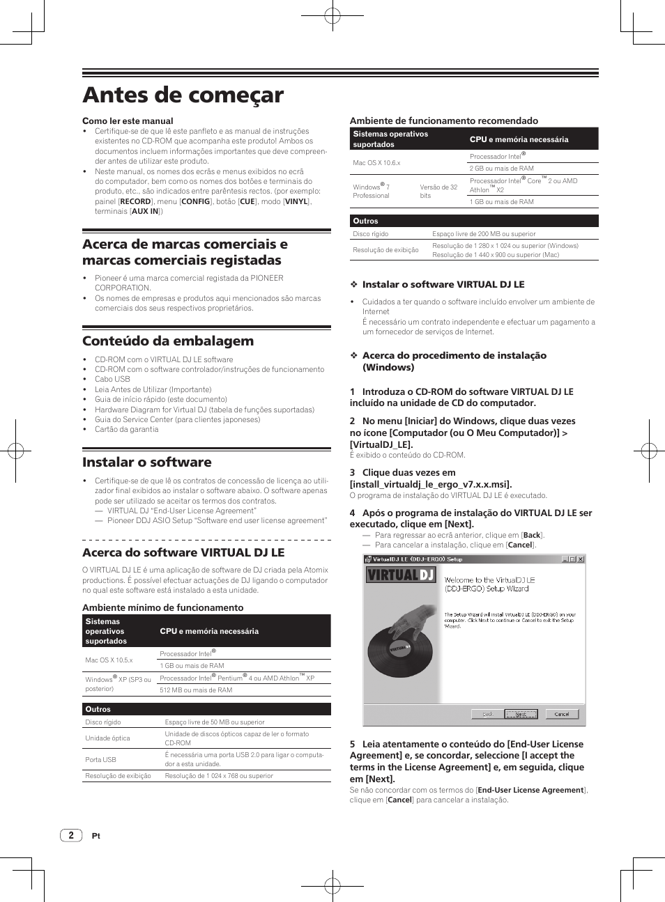 Guia de início rápido, Controlador de dj, Antes de começar | Conteúdo da embalagem, Instalar o software, Acerca do software virtual dj le | Pioneer DDJ-ERGO-V User Manual | Page 38 / 64