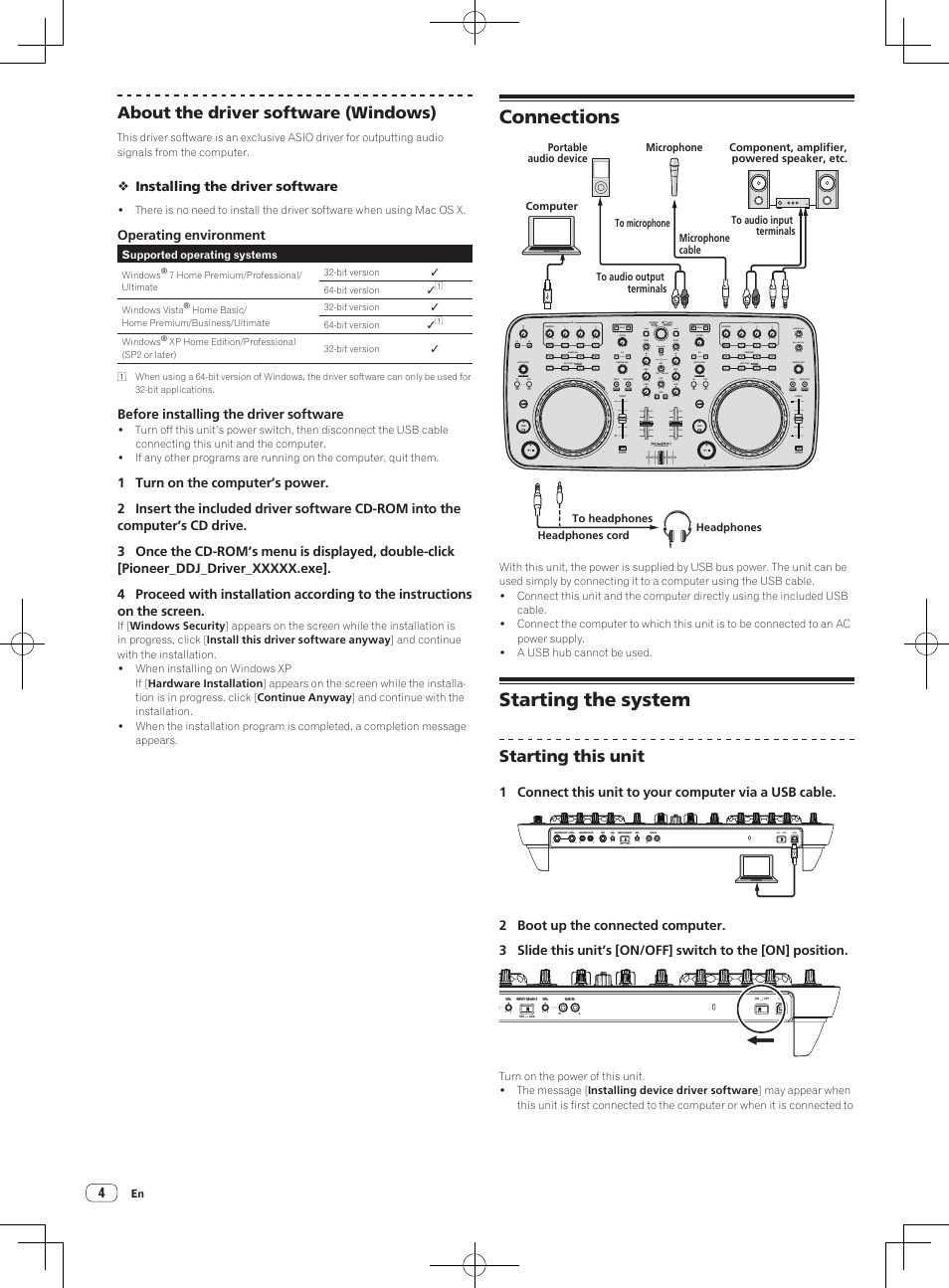 Connections, Starting the system, About the driver software (windows) | Starting this unit, Move grid shift move grid rec, Function tree fld open, Push, Dj controller, Sea rc h, Deck load | Pioneer DDJ-ERGO-V User Manual | Page 4 / 64