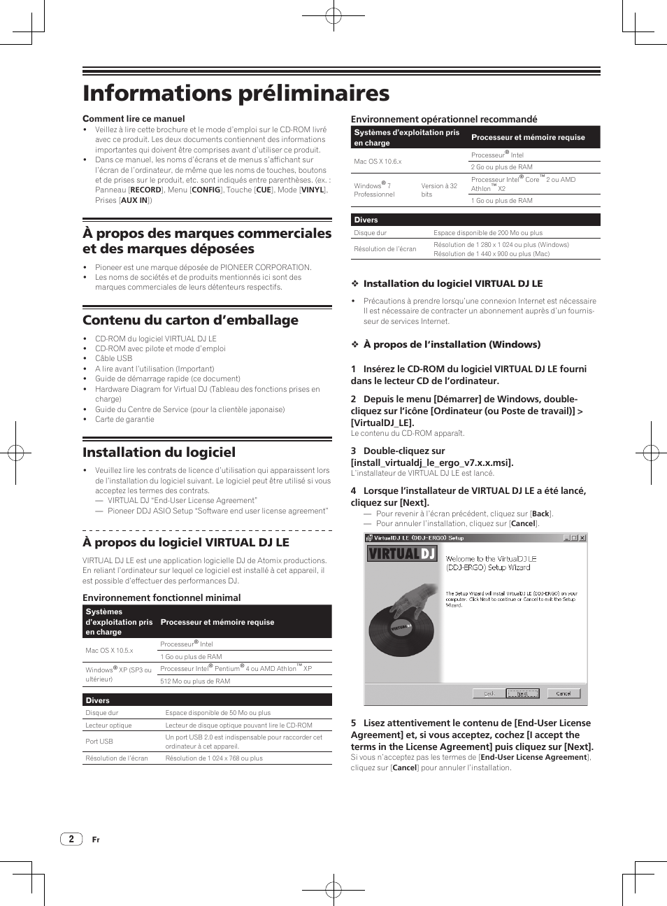 Guide de démarrage rapide, Console dj, Informations préliminaires | Contenu du carton d’emballage, Installation du logiciel, À propos du logiciel virtual dj le | Pioneer DDJ-ERGO-V User Manual | Page 8 / 64