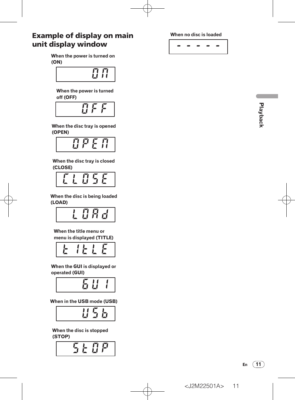 Example of display on main unit display window, Playb ack | Pioneer DV-220V-K User Manual | Page 11 / 26