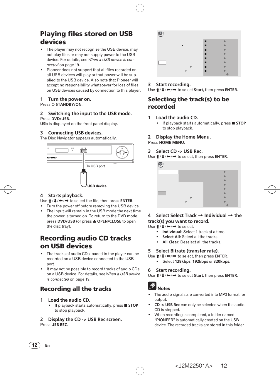Playing files stored on usb devices, Recording audio cd tracks on usb devices, Recording all the tracks | Selecting the track(s) to be recorded | Pioneer DV-220V-K User Manual | Page 12 / 26