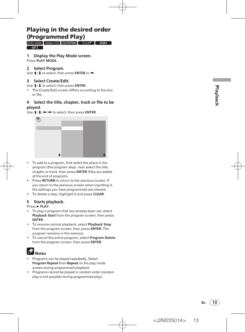 Playing in the desired order (programmed play), Playb ack, 1 display the play mode screen | 2 select program, 3 select create/edit, 5 starts playback | Pioneer DV-220V-K User Manual | Page 13 / 26