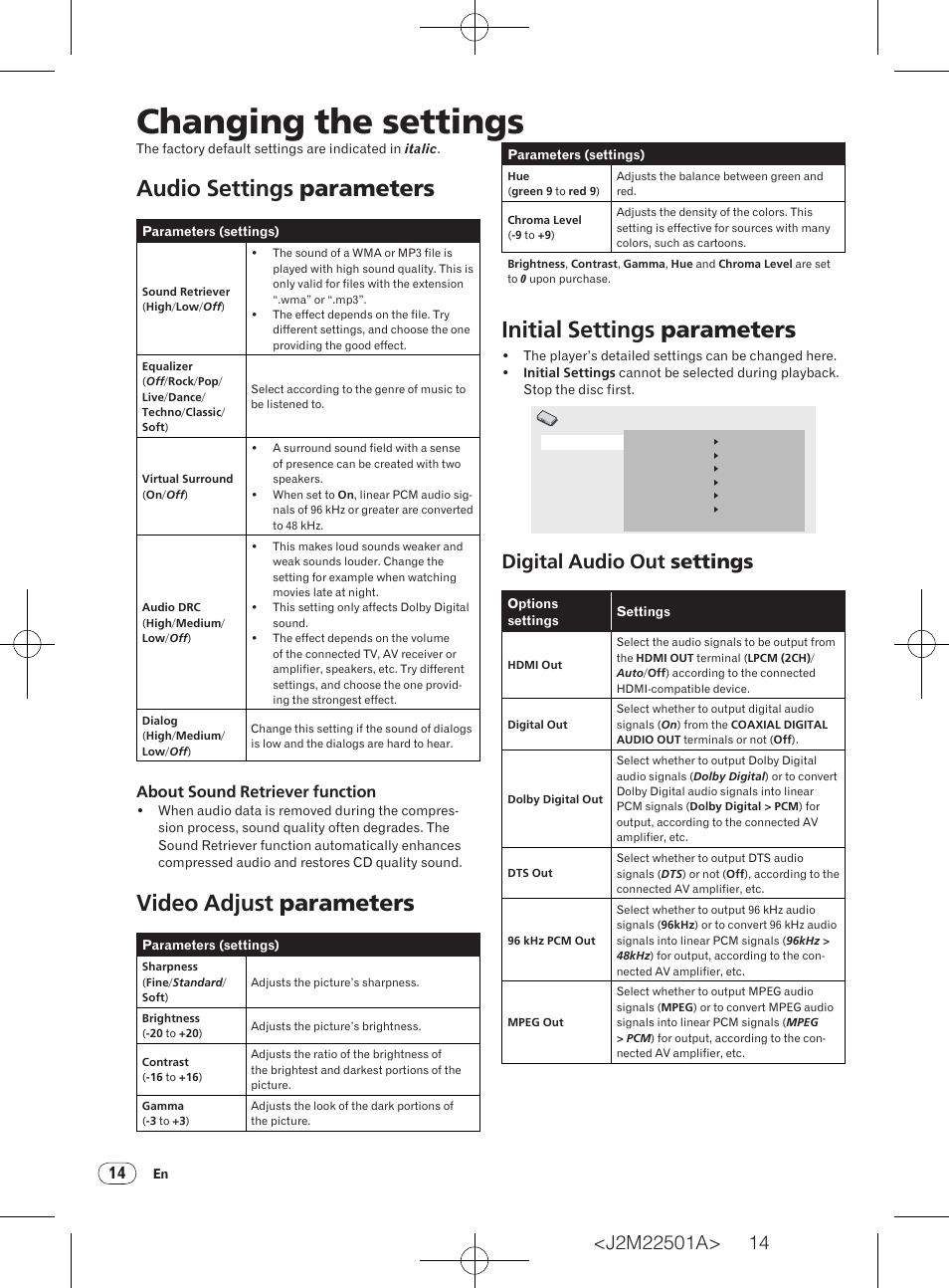 Changing the settings, Audio settings parameters, Video adjust parameters | Initial settings parameters, Digital audio out settings, About sound retriever function | Pioneer DV-220V-K User Manual | Page 14 / 26
