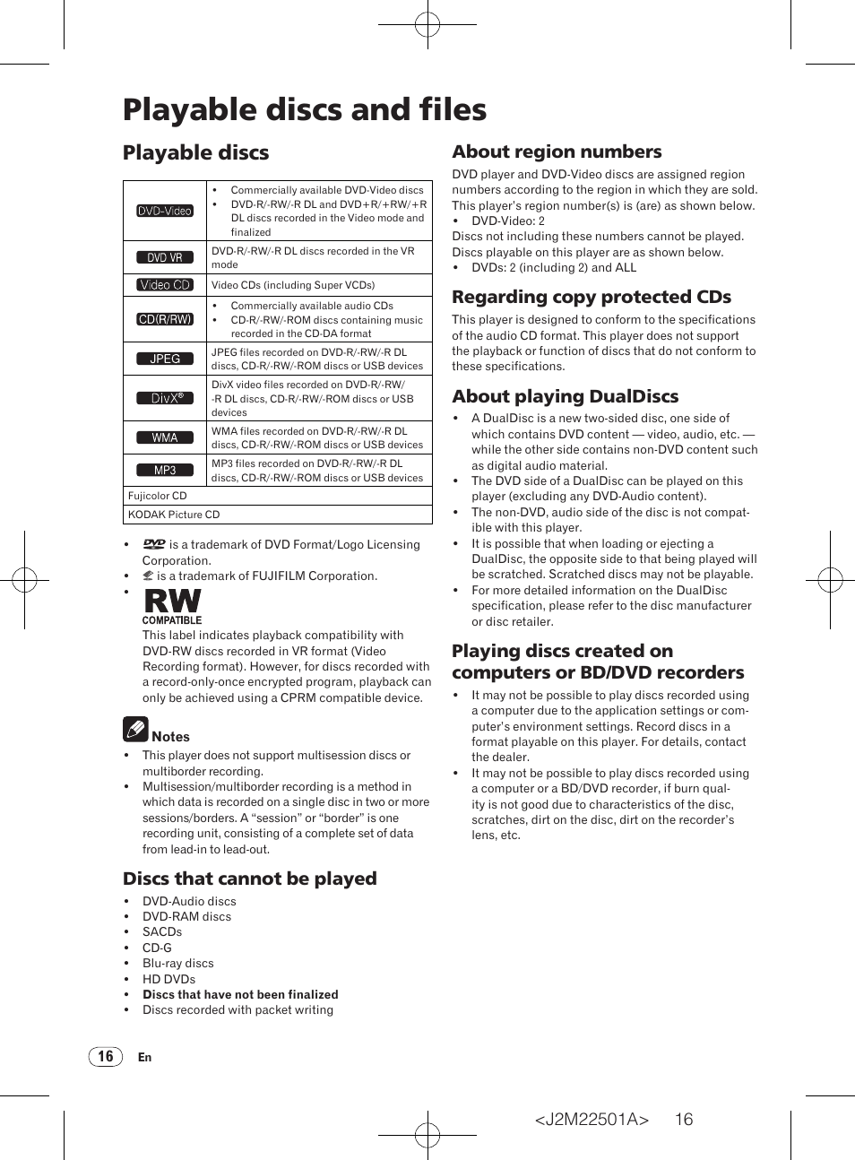 Playable discs, Playable discs and files, Discs that cannot be played | About region numbers, Regarding copy protected cds, About playing dualdiscs | Pioneer DV-220V-K User Manual | Page 16 / 26