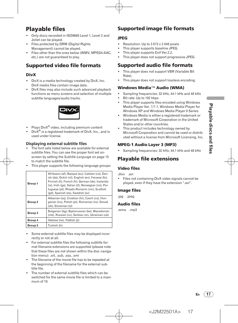 Playable files, Supported video file formats, Supported image file formats | Supported audio file formats, Playable file extensions, Playab le discs and files | Pioneer DV-220V-K User Manual | Page 17 / 26