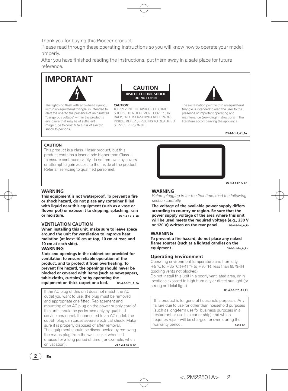 Important, Class 1 laser product, Caution | Pioneer DV-220V-K User Manual | Page 2 / 26
