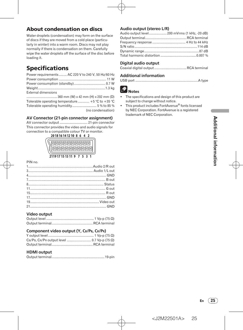 Specifications, About condensation on discs, Additional information | Pioneer DV-220V-K User Manual | Page 25 / 26