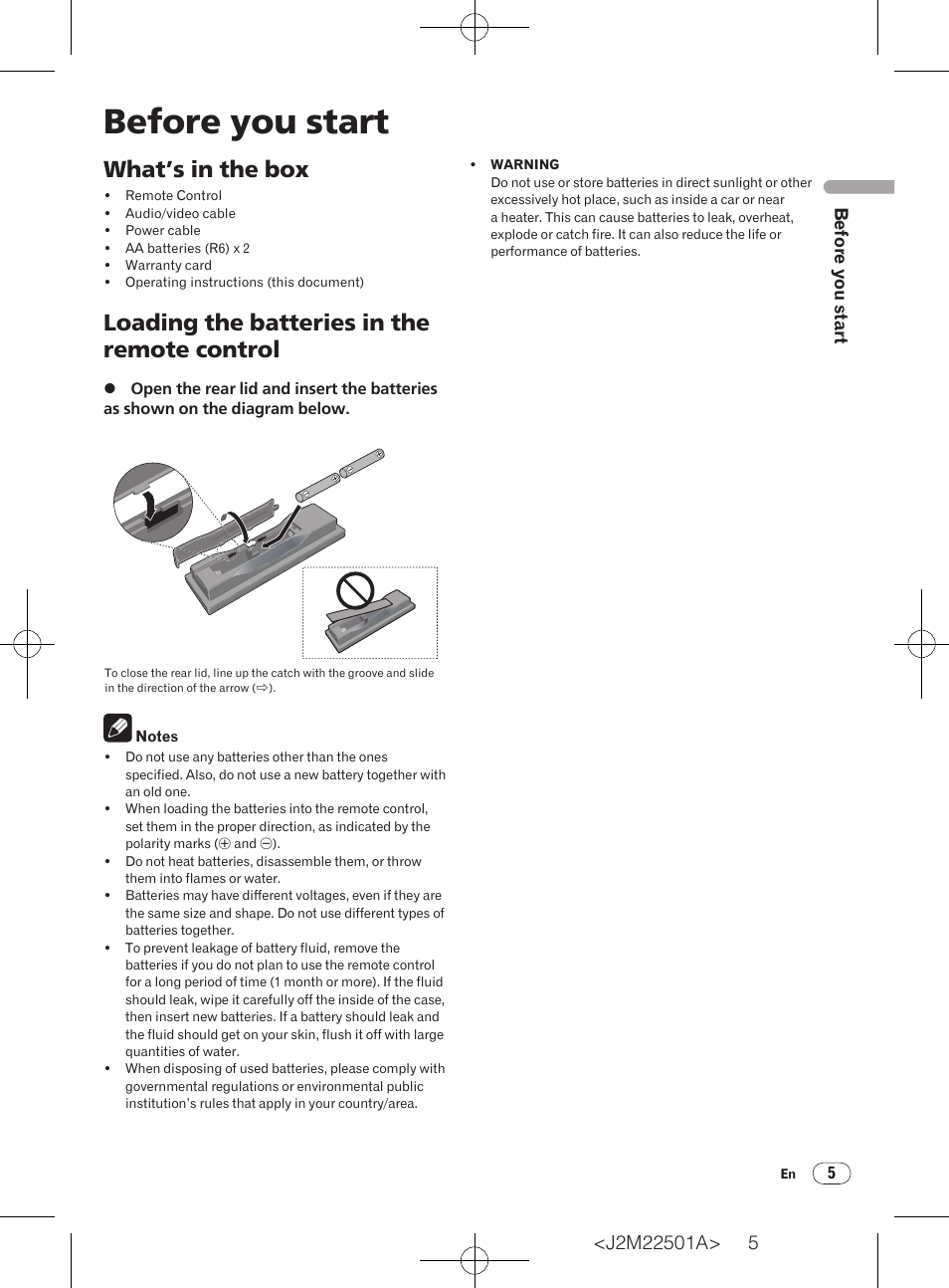 Before you start, What’s in the box, Loading the batteries in the remote control | Pioneer DV-220V-K User Manual | Page 5 / 26