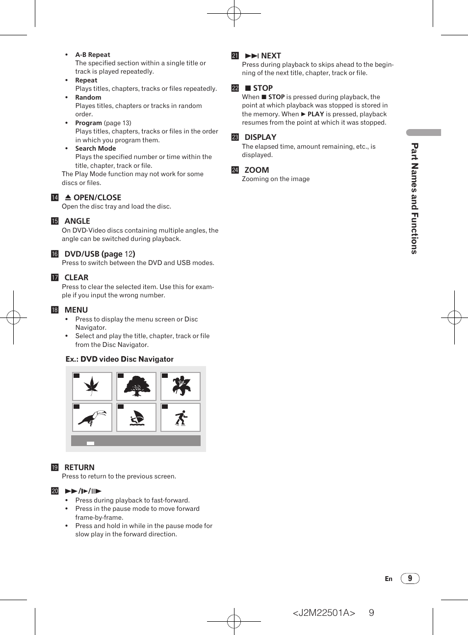 Part names and functions | Pioneer DV-220V-K User Manual | Page 9 / 26