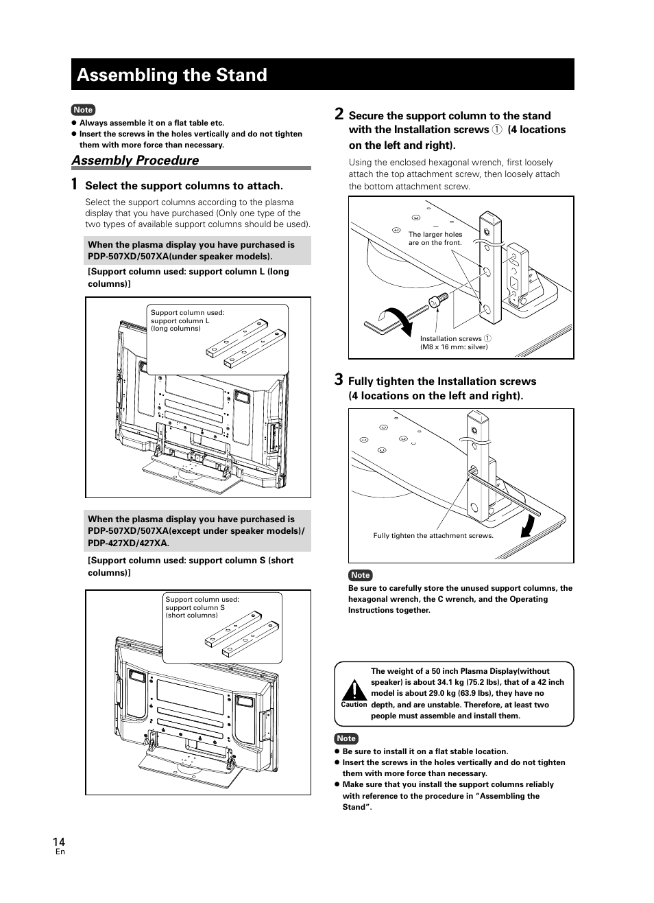 Assembling the stand, Assembly procedure, Select the support columns to attach | Pioneer PDK-TS25 User Manual | Page 14 / 89