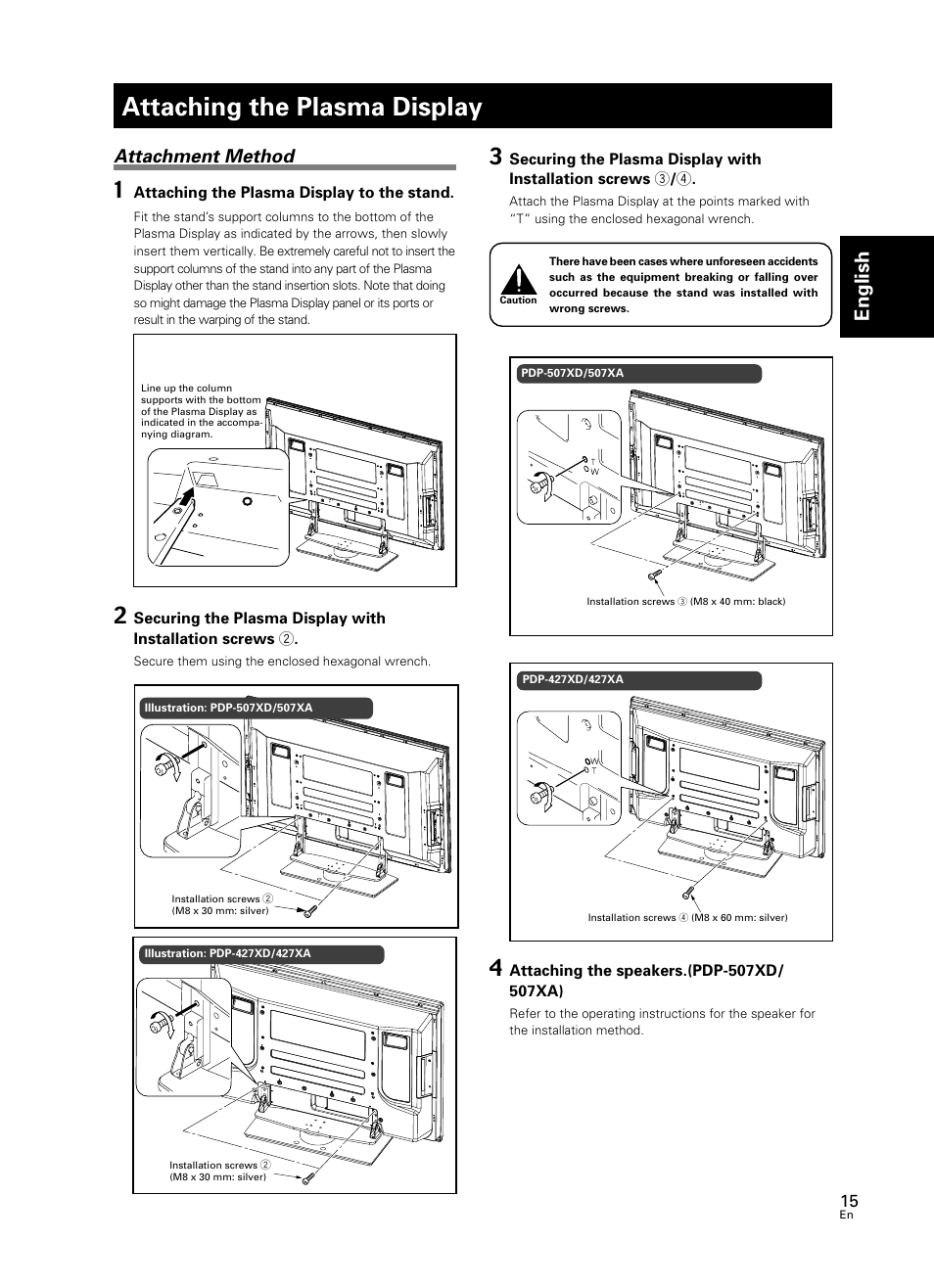 Attaching the plasma display, English, Attachment method | Attaching the plasma display to the stand | Pioneer PDK-TS25 User Manual | Page 15 / 89