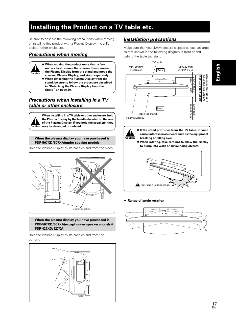 Installing the product on a tv table etc, English, Precautions when moving | Installation precautions | Pioneer PDK-TS25 User Manual | Page 17 / 89