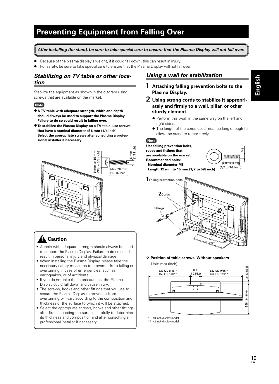 Preventing equipment from falling over, English, Stabilizing on tv table or other loca- tion | Using a wall for stabilization, Caution | Pioneer PDK-TS25 User Manual | Page 19 / 89