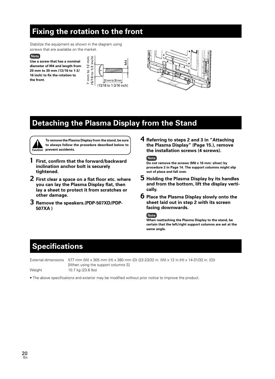 Fixing the rotation to the front, Detaching the plasma display from the stand, Specifications | Pioneer PDK-TS25 User Manual | Page 20 / 89