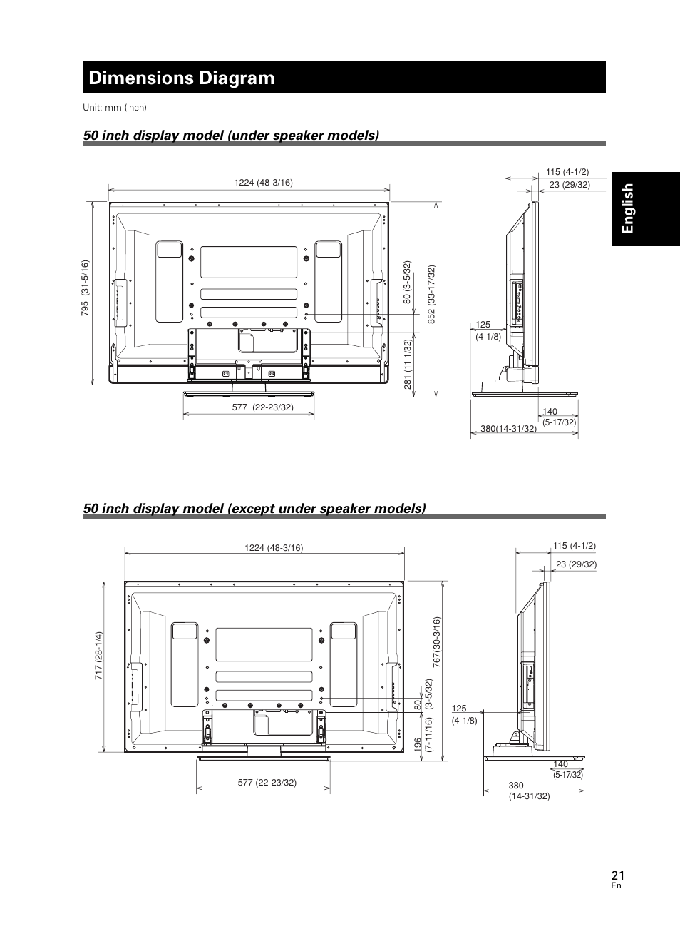 Dimensions diagram, English, 50 inch display model (under speaker models) | Pioneer PDK-TS25 User Manual | Page 21 / 89