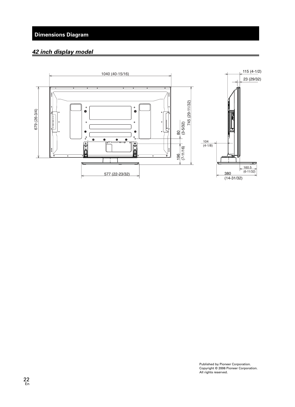 42 inch display model, Dimensions diagram | Pioneer PDK-TS25 User Manual | Page 22 / 89