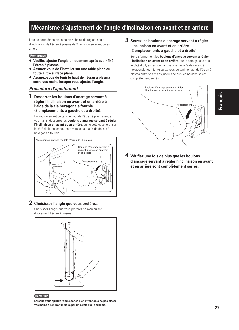 Mécanisme d’ajustement de l’angle d’inclinaison en, Avant et en arrière, Fran çais | Procédure d’ajustement | Pioneer PDK-TS25 User Manual | Page 27 / 89