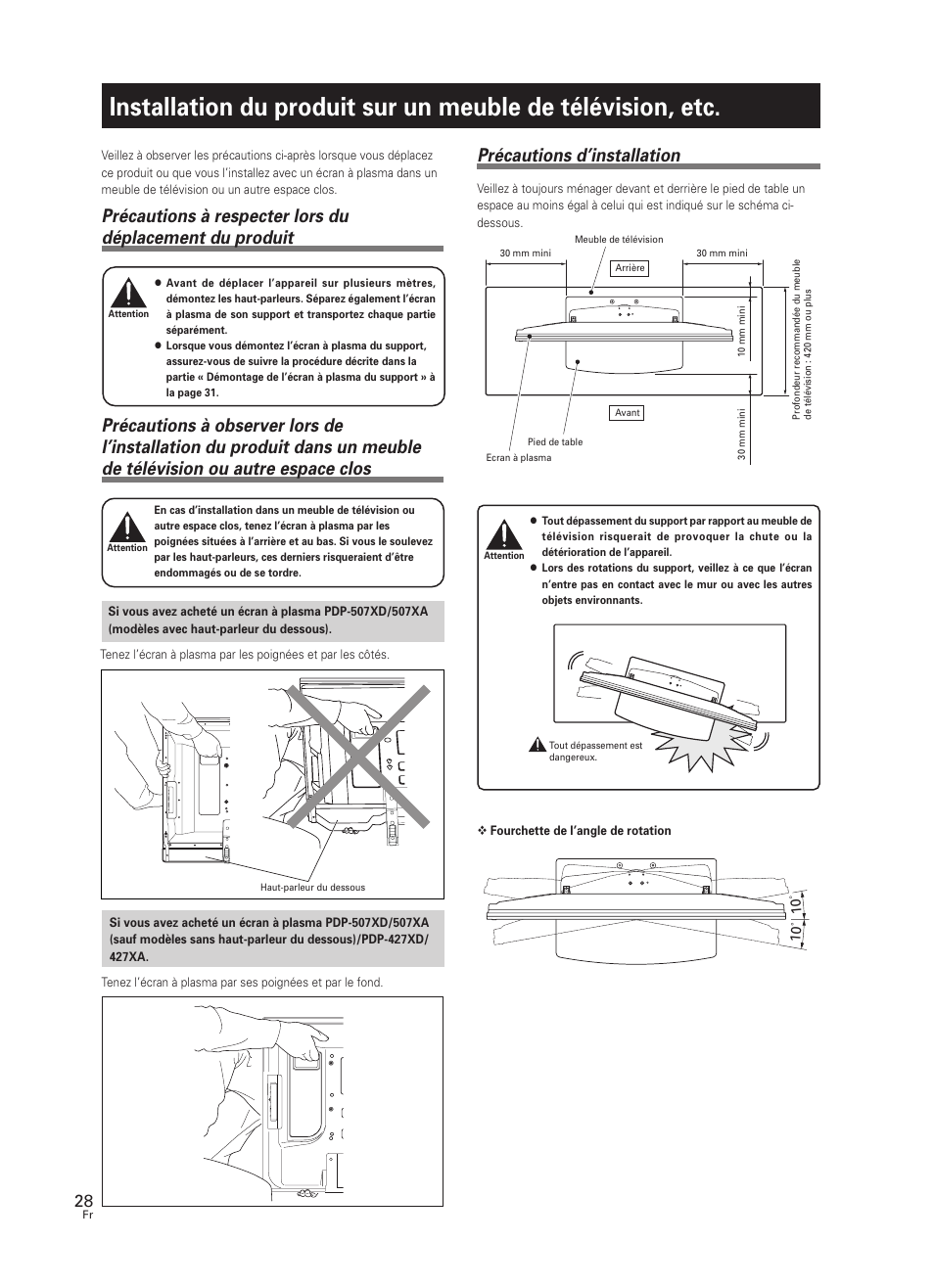 Installation du produit sur un meuble de, Télévision, etc, Précautions d’installation | Pioneer PDK-TS25 User Manual | Page 28 / 89